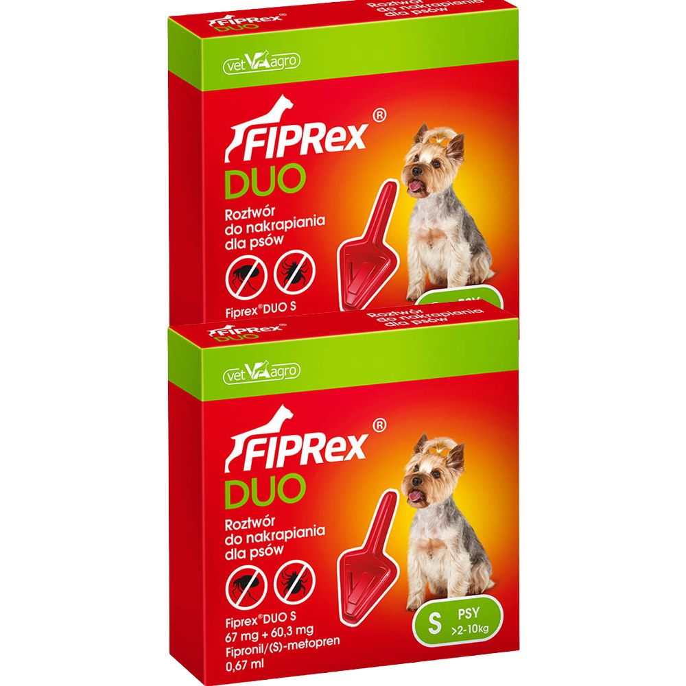 Fiprex DUO S KROPLE od pcheł kleszczy dla psa 2-10kg 2x0,67ml na 60dni